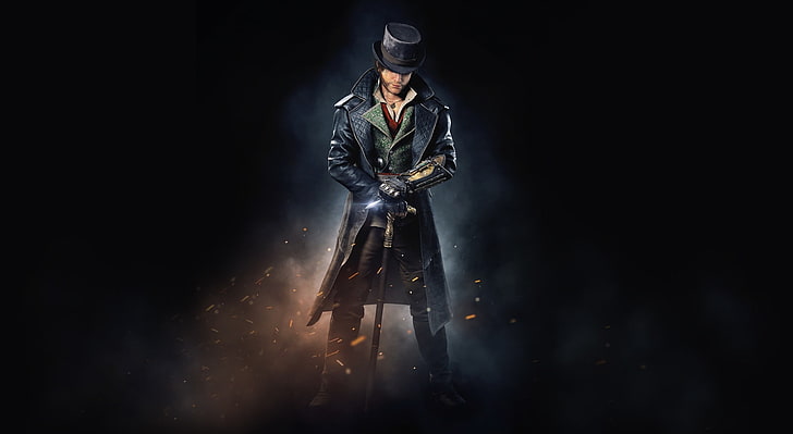 Jacob_Night, мъж, облечен в черно палто и черен цилиндър, дигитален тапет, игри, Assassin's Creed, assassins creed, jacob, синдикат, HD тапет