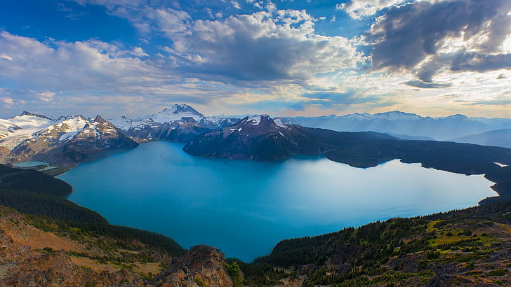 ธรรมชาติภูมิทัศน์น้ำทะเลสาบภูเขาต้นไม้เมฆบริติชโคลัมเบียแคนาดาหิมะหินป่า, วอลล์เปเปอร์ HD