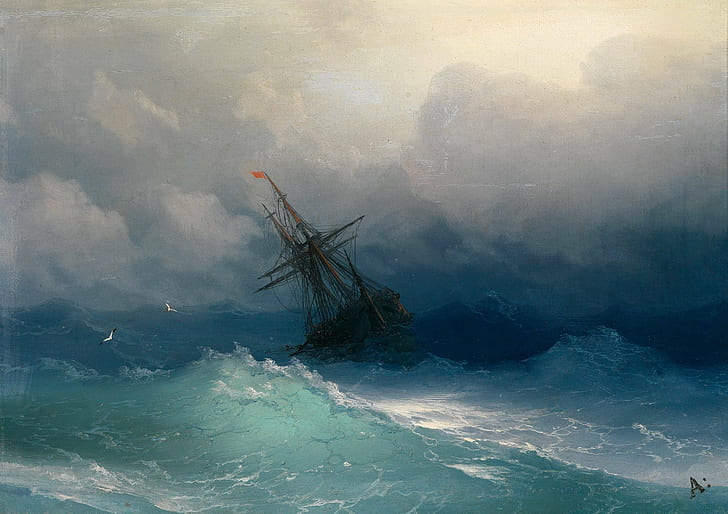 pintura, navio, tempestade, HD papel de parede