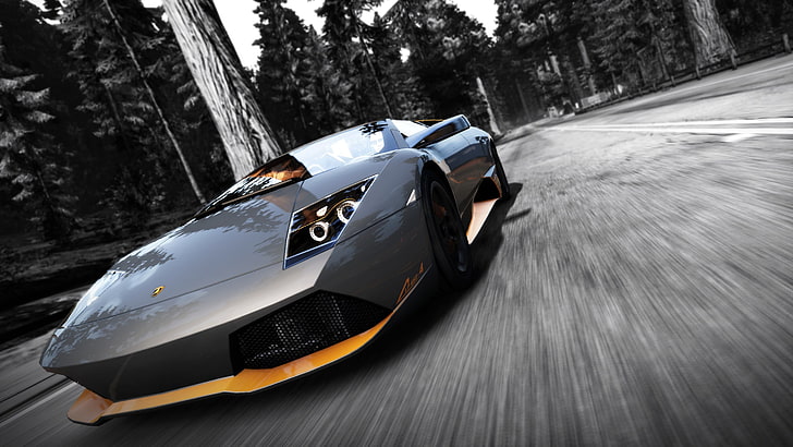 grey Lamborghini Murcielago, Need for Speed, Need for Speed: Hot Pursuit, mobil, Lamborghini, forest, Wallpaper HD