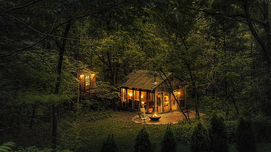 Cabaña en el bosque en la noche, edificio, maderas, noche, cabaña, árboles, Fondo de pantalla HD HD wallpaper