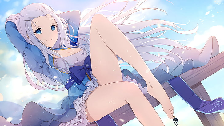 gadis anime, kaki, rambut putih, mata biru, Wallpaper HD