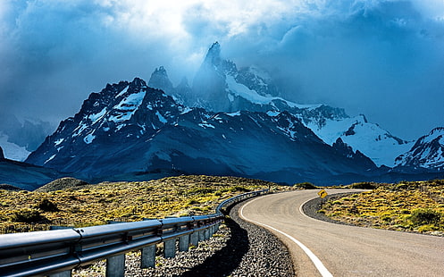 fotografia, natureza, montanhas, pico nevado, estrada, pôr do sol, nuvens, arbustos, Patagônia, Argentina, paisagem, HD papel de parede HD wallpaper