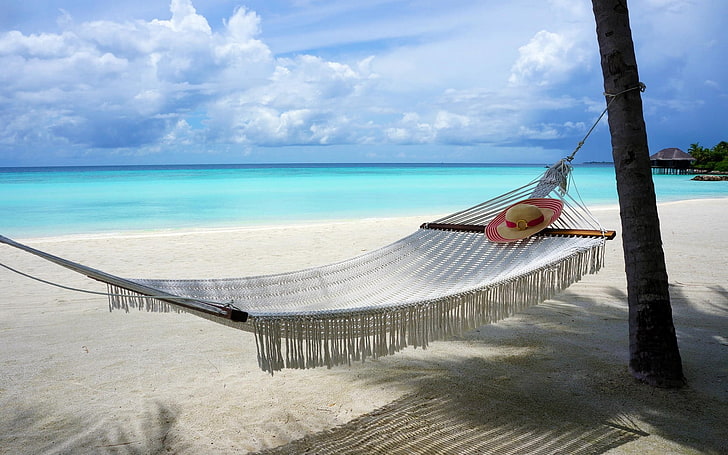 бял хамак, плаж, Малдиви, остров, природа, пясък, хамаци, море, облаци, тропически, ваканция, лято, пейзаж, дървета, HD тапет