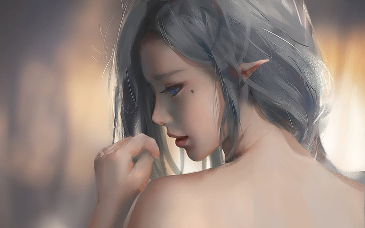 gray-haired female elf digital wallpaper, elves, pointed ears, grey hair, WLOP, fantasy art, painting, artwork, HD wallpaper
