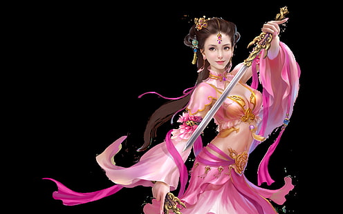 Fantasy, Women Warrior, Brunette, Girl, Long Hair, Oriental, Pink, Sword, Woman, Woman Warrior, HD wallpaper HD wallpaper