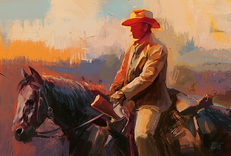 digitale, cavallo, uomini, western, cowboy, opera d'arte, animali, Sfondo HD HD wallpaper