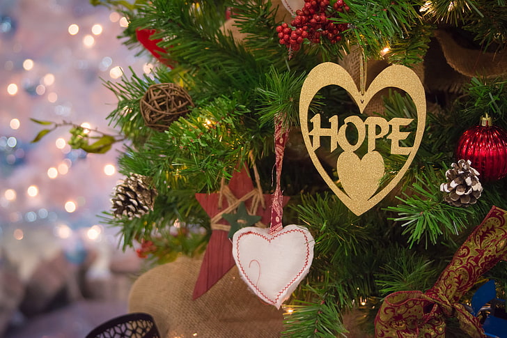 decoration, branches, lights, holiday, balls, toys, tree, Christmas, hearts, New year, lanterns, bokeh, HD wallpaper