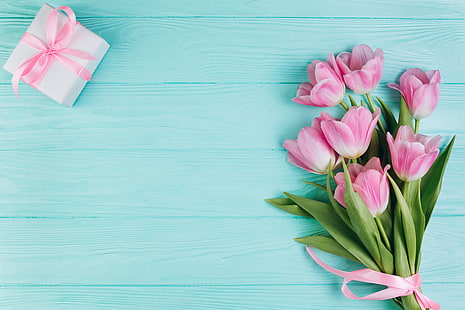 amore, fiori, regalo, tulipani, rosa, fresco, legno, bello, romantico, primavera, con amore, tenero, Sfondo HD HD wallpaper