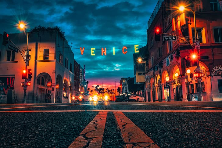 road, sunset, street, building, home, CA, night city, Los Angeles, California, Venice Beach, HD wallpaper