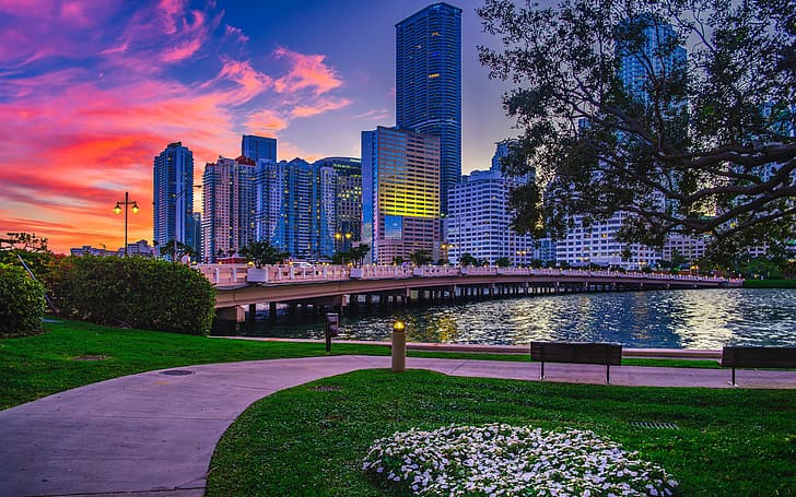Miami, Florida, sunset, urban, HD wallpaper