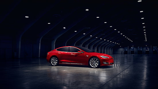 czerwony sedan, Tesla Model S P90D, samochody elektryczne, Elon Musk, czerwony, Tapety HD HD wallpaper