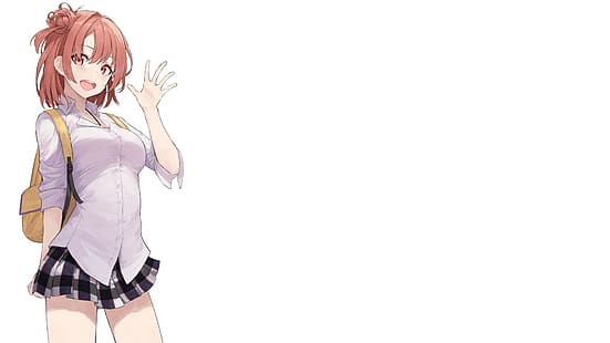 Yuigahama Yui, Komedi Yahari Ore no Seishun Love Comedy wa Machigatteiru, latar belakang putih, rambut merah muda, seragam sekolah, ransel, anime, gadis anime, Wallpaper HD HD wallpaper