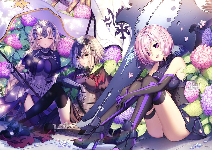 three female anime characters digital wallpaper, Ruler (Fate/Apocrypha), Jeanne (Alter) (Fate/Grand Order), Shielder (Fate/Grand Order), thigh-highs, HD wallpaper