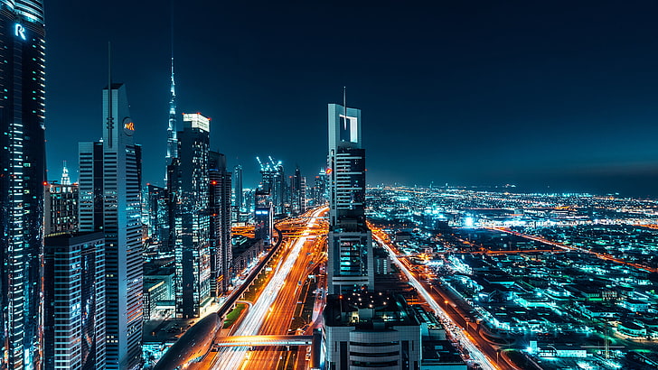 edificio in cemento rosso e bianco, città, edificio, luci, notte, Dubai, Burj Khalifa, Sfondo HD
