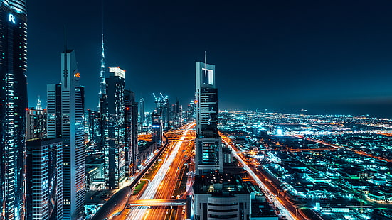 rotes und weißes konkretes Gebäude, Stadt, Gebäude, Lichter, Nacht, Dubai, Burj Khalifa, HD-Hintergrundbild HD wallpaper