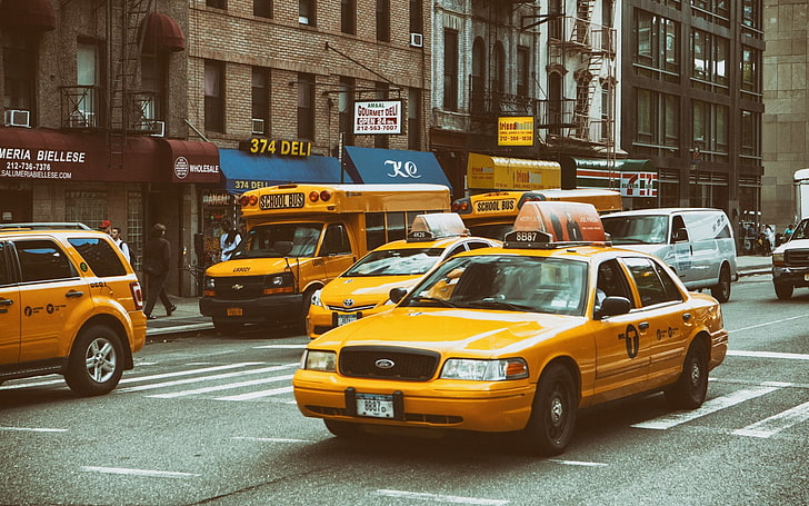 sedán amarillo, tráfico amarillo, Nueva York, taxi, calle, Fondo de pantalla HD