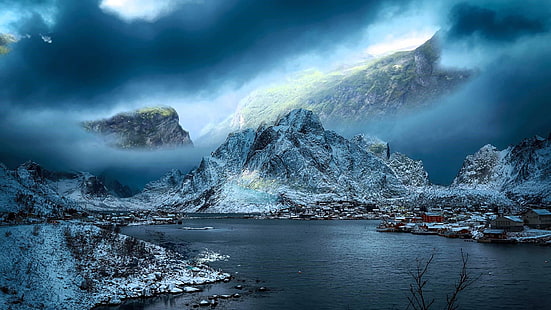 winter, clouds, misty, mountains, snow, landscape, scenery, norway, fjords, geirangerfjord, norwegian, europe, fjord, blue, village, HD wallpaper HD wallpaper