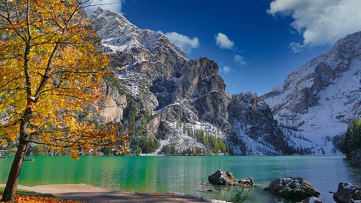 осень, горы, озеро, дерево, лодки, Италия, Доломитовые Альпы, Южный Тироль, Dolomites, Lake Braies, Pragser Wildsee, Lake Braes, HD обои