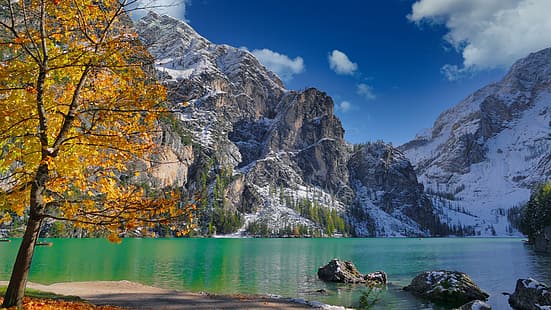 秋、山、湖、木、ボート、イタリア、ドロミテ、南チロル、ドロミテ、ブレイズ湖、ブラーイエス湖、ブレーズ湖、 HDデスクトップの壁紙 HD wallpaper