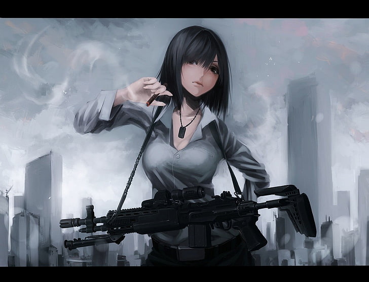 Personagem de anime feminino de cabelos pretos com papel de parede digital de rifle, metralhadora, garotas de anime, charutos, anime, HD papel de parede
