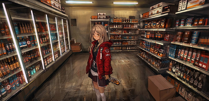 Ilustração de personagem de anime feminino de cabelos grisalhos, menina, meias, arte, álcool, formulário, garrafa, loja, lm7, HD papel de parede