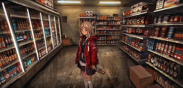 illustration de personnage anime aux cheveux gris, fille, bas, anime, art, alcool, formulaire, bouteille, boutique, lm7, Fond d'écran HD HD wallpaper