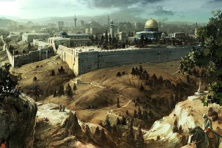 papel de parede digital da mesquita cinza e marrom, mesquita, credo de assassinos, Jerusalém, HD papel de parede