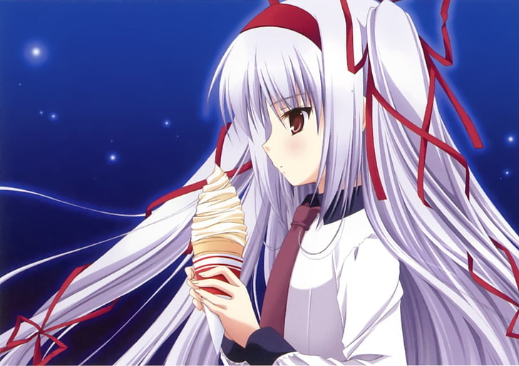 white haired female anime character holding ice cream cone wallpaper, 11eyes, momono shiori, girl, ice cream, space, HD wallpaper
