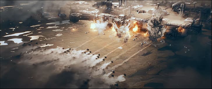 Science-Fiction, Wissenschaft, Explosion, Feuer, Rauch, Wand, Armee, Schlacht, Krieg, Sand, Rot, Gelb, Fort, HD-Hintergrundbild