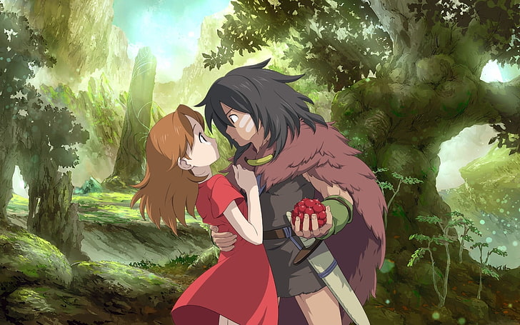 man and woman anime characters, аnime, boy, girl, forest, knife, hug, fruit, light, HD wallpaper