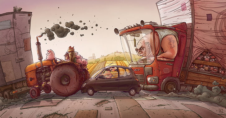 hitam animasi hatchback 5-pintu, jalan, mesin, gambar, lapangan, truk, traktor, tabung, babi, Wallpaper HD