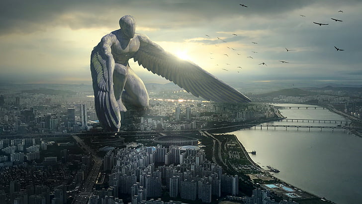 Giant Angel, city, 6K, HD wallpaper