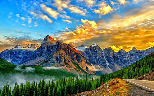 Altın Gökyüzü Manzara Duvar Kağıtları Yol Rocky Dağları Orman Banff Ulusal Parkı Alberta Kanada 1920 × 1200, HD masaüstü duvar kağıdı HD wallpaper