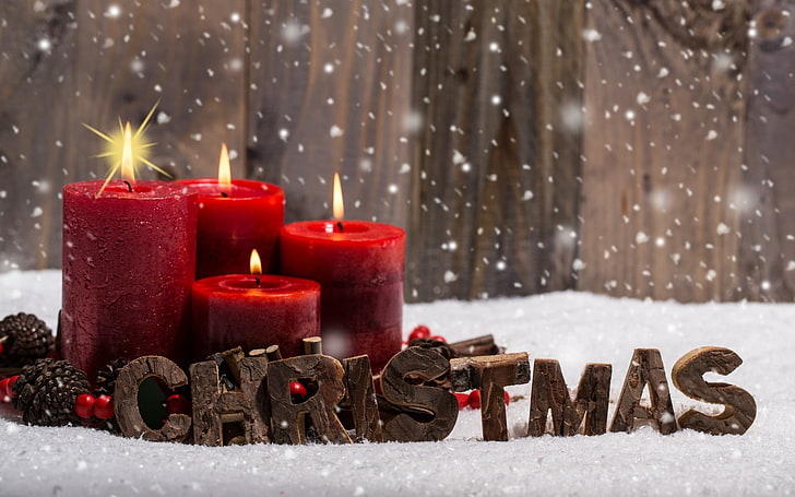 Candles snow-Merry Christmas New YearWallpaper, red candles with Christmas text wallpaper, HD wallpaper