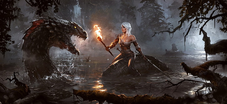 woman holding torch digital wallpaper, The Witcher, The Witcher 3: Wild Hunt, Ciri (The Witcher), HD wallpaper