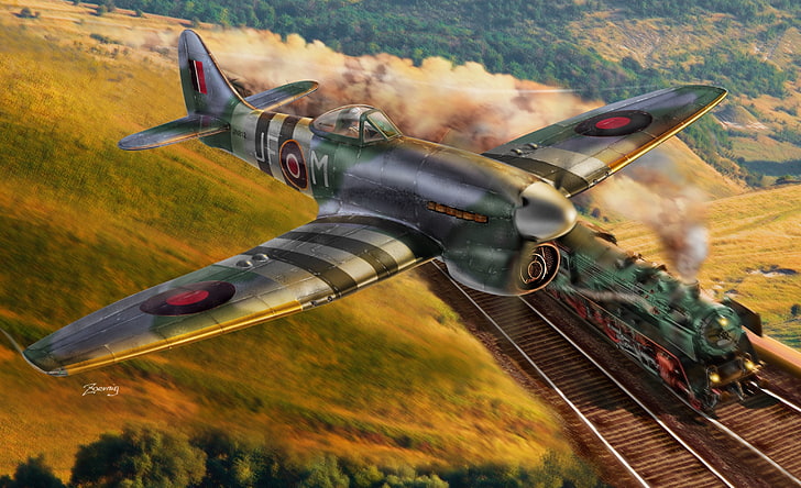 illustrazione di piano di battaglia, il cielo, l'aereo, arte, British, RAF, WW2, singolo, The Hawker Tempest, durante la seconda guerra mondiale, caccia bombardiere, sbarre di terra, il treno si precipita, Sfondo HD