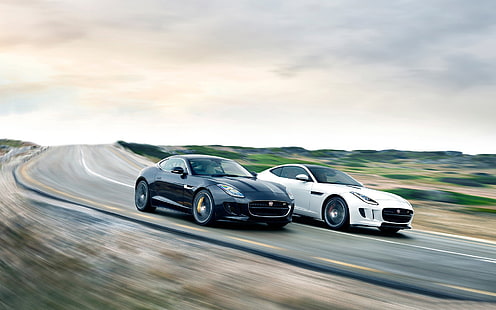 2015, Jaguar F-Type, cupê, preto, branco, estrada, HD papel de parede HD wallpaper