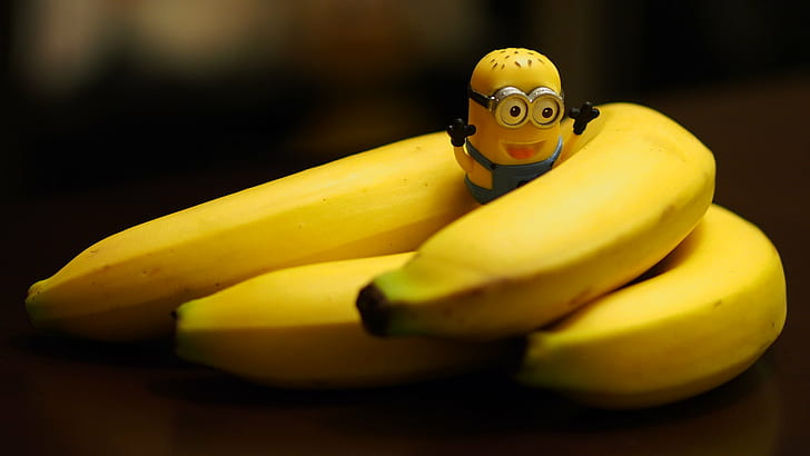 Zabawka minionek i owoc żółtego banana, zabawka, żółty banan, owoc, olympus, m5, makro, banan, jedzenie, żółty, świeżość, Tapety HD