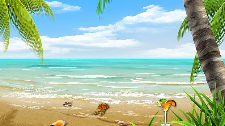 Tropical Drink, coconut tree, tropical, trees, sea shells, vacation, restful, ocean, warm, drink, ocean beach, palm, HD wallpaper