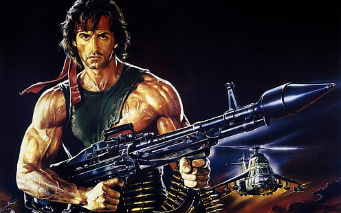 Sylvester Stallone, dibujo, Rambo, helicópteros, Sylvester Stallone, películas, Fondo de pantalla HD HD wallpaper