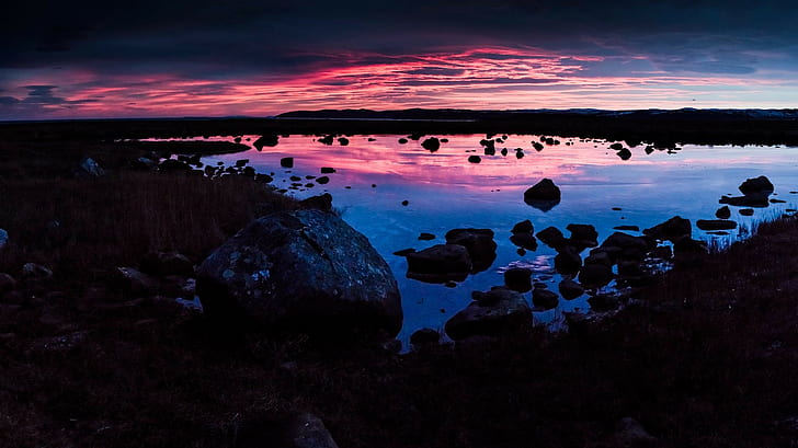 paisaje, naturaleza, agua, rocas, cielo púrpura, cielo coloreado, O.G.Fotos, Fondo de pantalla HD