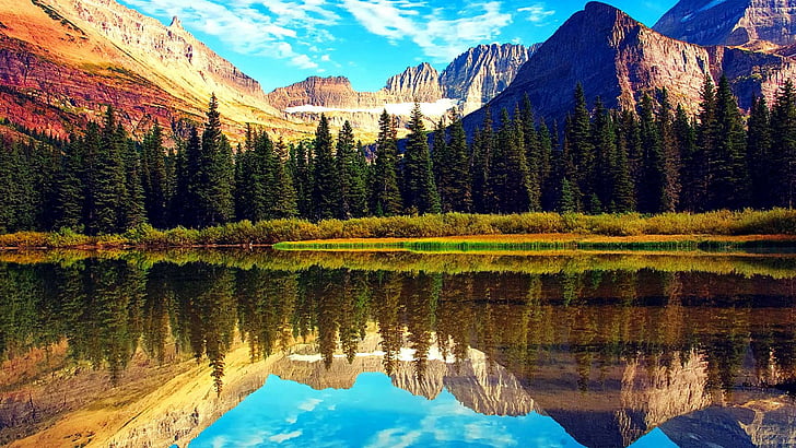 riflessione, natura, natura selvaggia, montagna, acqua, parco nazionale, montare scenario, lago, cielo, albero, paesaggio, Glacier National Park, Montana, Stati Uniti, Canada, Sfondo HD