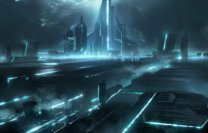 Science-Fiction, Stadt, Blau, Gebäude, Stadtansicht, Licht, Nacht, Wolkenkratzer, HD-Hintergrundbild