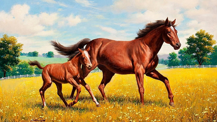 horse, painting art, colt, field, hillside, hill, pasture, grassland, meadow, grass, prairie, HD wallpaper