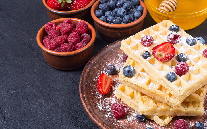 waffles, food, fruit, berries, raspberries, blueberries, strawberries, HD wallpaper