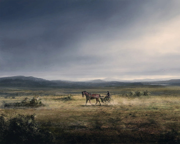 man riding carriage painting, figure, Horse, plain, wagon, HD wallpaper