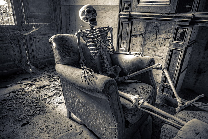 chaise de canapé floral gris et noir, squelette, chaise, ruine, Fond d'écran HD