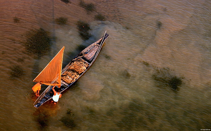 Bangladesz Sylhet rybak-tapeta Windows, czarno-brązowa drewniana łódź, Tapety HD