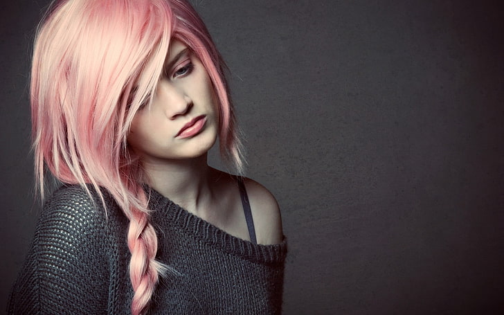 Frauen rosa Haarfarbe, rosa Haare, Pullover, Frauen, HD-Hintergrundbild